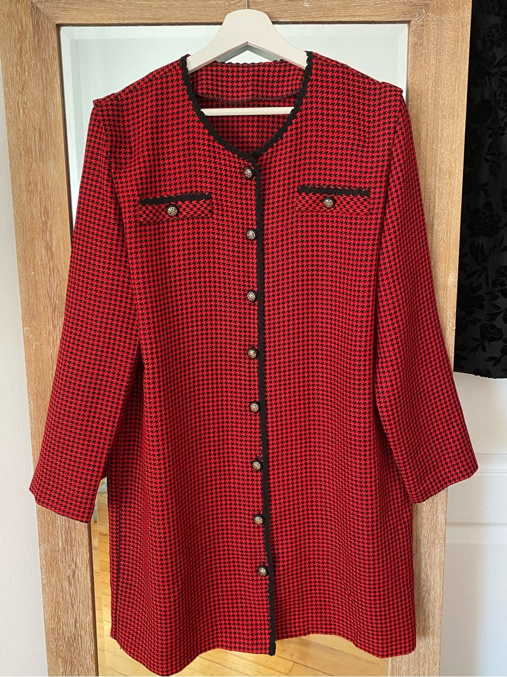 Classic Jackie O Red and Black Houndstooth Button-Front Dress